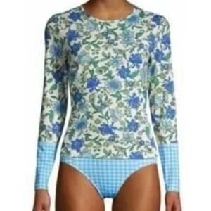 Lands' End Print UPF 50 Rash Guard Lotus Floral Gingham Swim Womens Xsmall